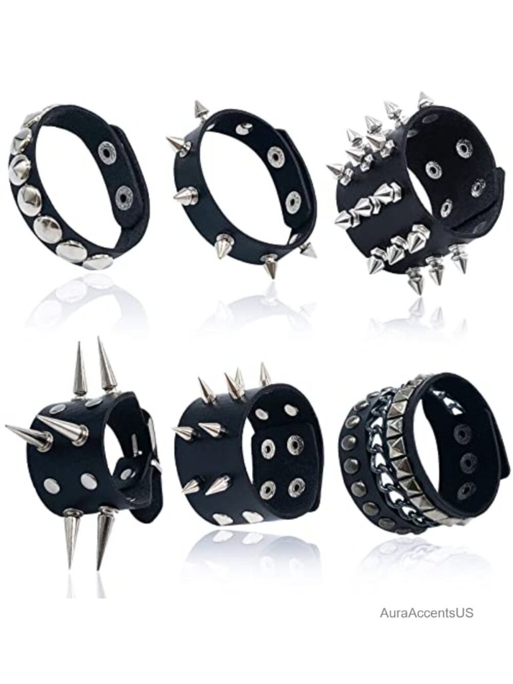6-Pack Punk Studded Bracelets Set - Adjustable PU Leather Spike Cuff Gothic